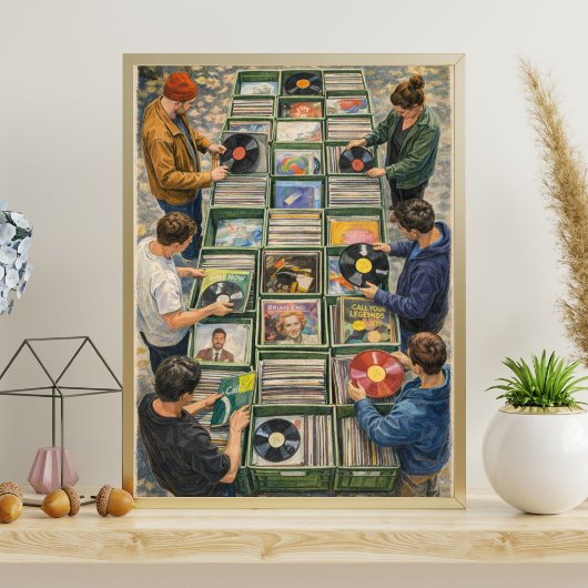 Vintage vinylplaat markt scène poster