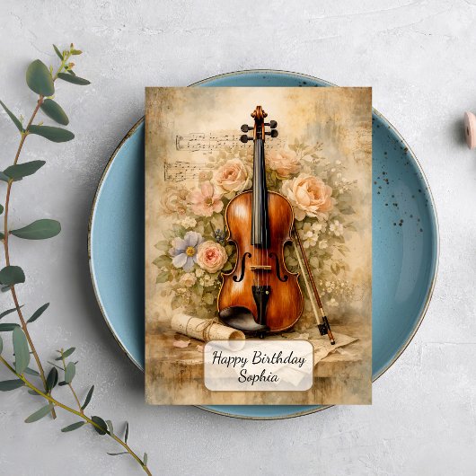 Vintage Violin Floral Composition Kaart