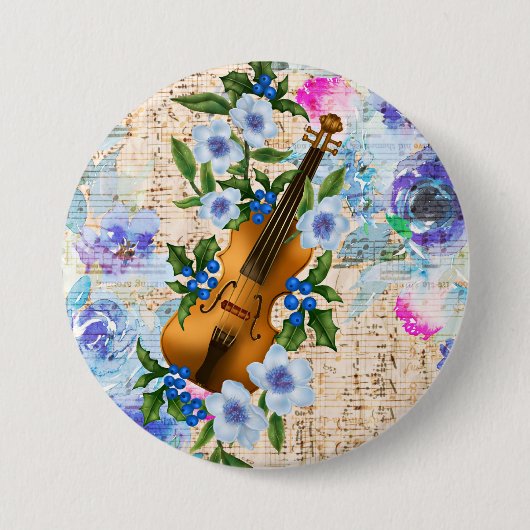 Vintage Viool met Bloemendesign Ronde Button 7,6 Cm (Voorkant)