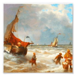 Vintage vissers en zeilboten woelige zee foto afdruk