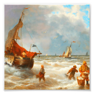 Vintage vissers en zeilboten woelige zee foto afdruk