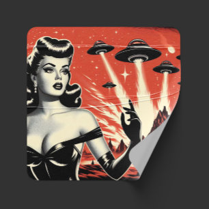 Vintage Vliegende Schotels Pin-up Vierkante Sticker