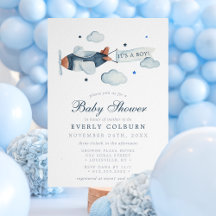 Vintage Vliegtuig Aquarel It's A Boy Baby Shower