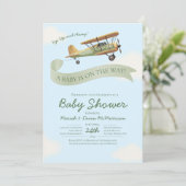 Vintage vliegtuig babyshower uitnodiging (Staand voorkant)