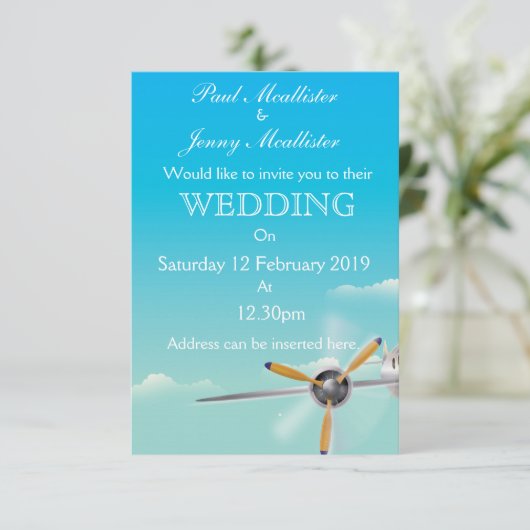 Vintage vliegtuig huwelijksuitnodiging kaart (Staand voorkant)