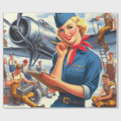 Vintage vliegtuig pin-up cadeaupapier (Vlak)