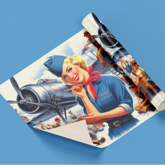Vintage vliegtuig pin-up cadeaupapier