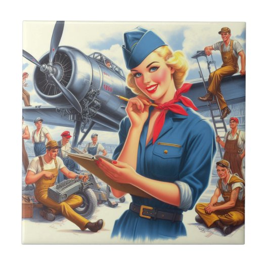 Vintage Vliegtuig Pin-up Tegeltje (Voorkant)