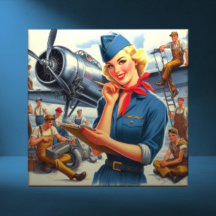 Vintage Vliegtuig Pin-up Tegeltje