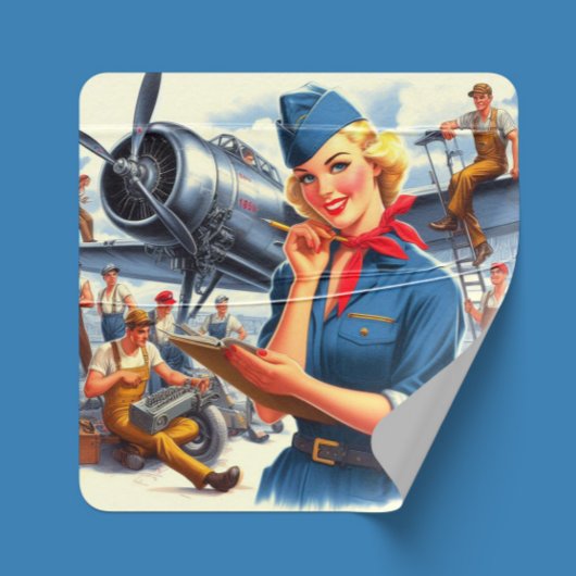 Vintage vliegtuig pin-up vierkante sticker