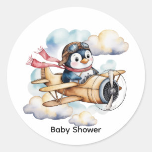 Vintage Vliegtuig Pinguïn Jongen Baby Shower Ronde Sticker