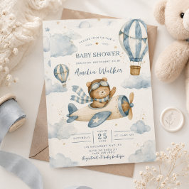 Vintage Vliegtuig Teddybeer Baby Shower Kaart