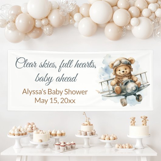 Vintage Vliegtuig Teddybeer Baby Shower Spandoek