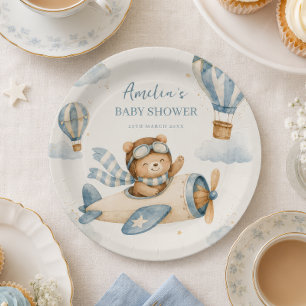 Vintage Vliegtuig Teddybeer Babyborrel Papieren Bordje