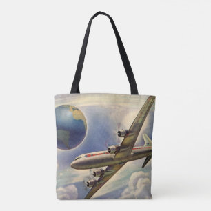 Vintage vliegtuig vliegt rond de wereld in wolken tote bag