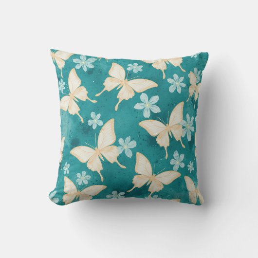 Vintage Vlinder & Bloem Motief Teal Kussen (Voorkant)