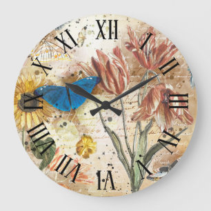 Vintage Vlinder Bloemendecoupage Grote Klok