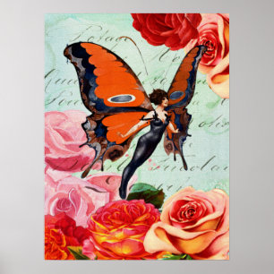Vintage Vlinder Fee Meisje Roze Roos Bloem Kunst Poster
