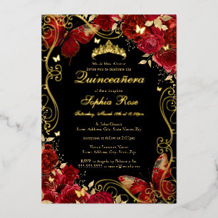 Vintage Vlinder Goud Rode Bloemrijke Quinceanera Folie Uitnodiging