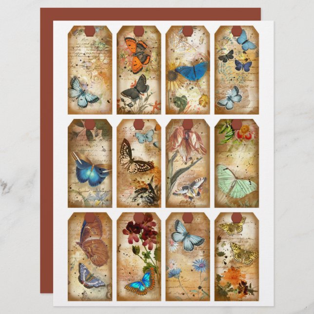 Vintage Vlinder Journal Labels Scrapbook Papier (Voorkant / Achterkant)