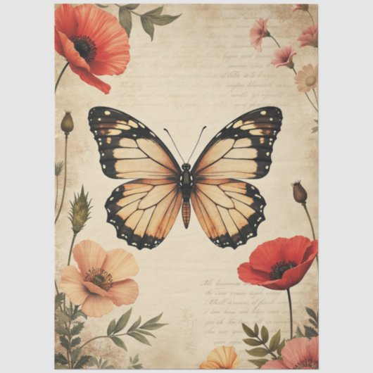 Vintage Vlinder Klaproos Bloem Meubel Decoupage Tissuepapier (Voorkant)