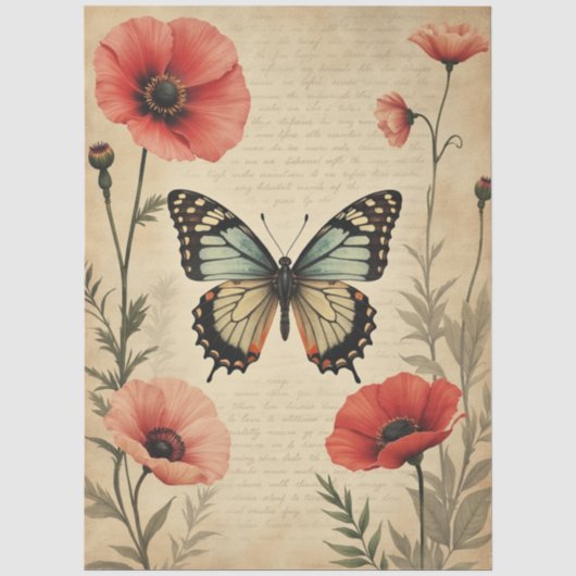 Vintage Vlinder Klaproos Bloem Meubel Decoupage Tissuepapier (Voorkant)