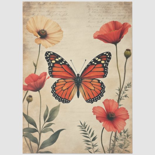 Vintage Vlinder Klaproos Bloem Meubel Decoupage Tissuepapier (Voorkant)