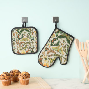 Vintage Vlinder Motief Print Ovenwant & Pannenlap Set