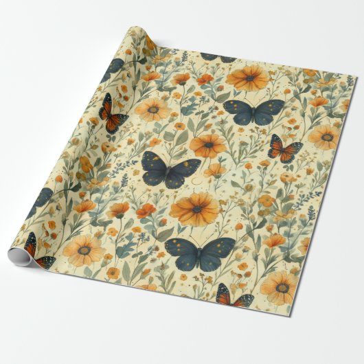 Vintage Vlinder Wilde Bloem (7) Cadeaupapier (Uitgerold)