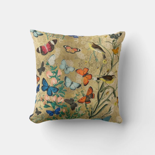 Vintage Vlinders en Vogels Botanisch Kussen (Voorkant)