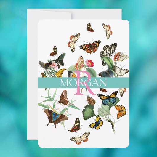 Vintage Vlinders, Monogram, Naam & Bericht Kaart