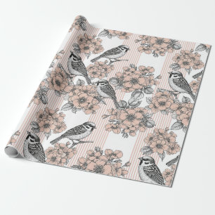 Vintage Vogel Bloem Toile Streep (1) Cadeaupapier