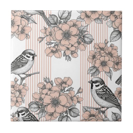 Vintage Vogel Bloem Toile Streep (1) Tegeltje (Voorkant)
