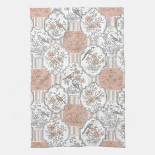 Vintage Vogel Bloem Toile Streep (3) Theedoek