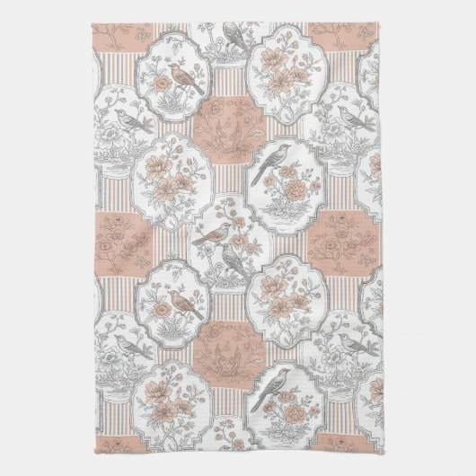 Vintage Vogel Bloem Toile Streep (3) Theedoek (Verticaal)