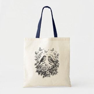 Vintage Vogel Bloemenkrans Schets Kunst Tote Bag