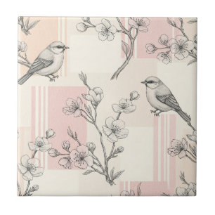 Vintage Vogel Bloesem Toile Streep (7) Tegeltje