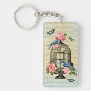 Vintage vogel- en bloem vrouwelijke en meisjesacht sleutelhanger