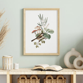 Vintage Vogel en Paddenstoel Botanisch Poster