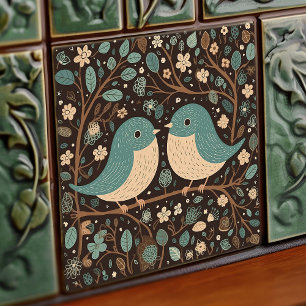 Vintage Vogel Liefde Gedempte Bruine Blauwe Art No Tegeltje