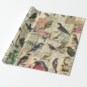 Vintage Vogel Vlinder Krant Botanisch Cadeaupapier