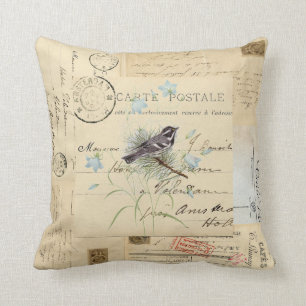 Vintage vogelbloemen Frans Briefkaart Pillow Kussen