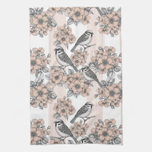 Vintage Vogelbloesem Toile Streep (1) Theedoek