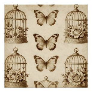 Vintage Vogelkooi Vlinder Roos Sepia Patroon Perfect Poster