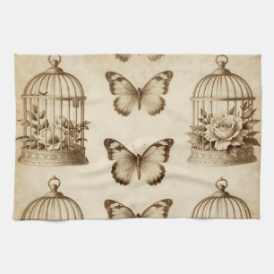 Vintage Vogelkooi Vlinder Roos Sepia Patroon Theedoek