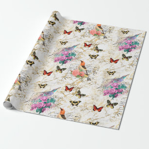 Vintage vogelkunst, bloemen, vlinders Oude brieven Cadeaupapier