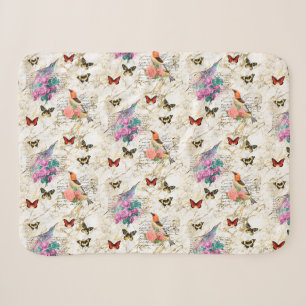 Vintage vogelkunst, bloemen, vlinders Oude brieven Sherpa Deken