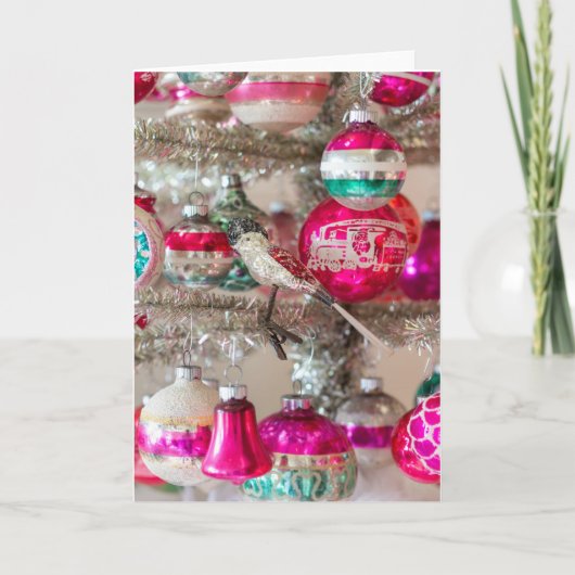 Vintage Vogelornament & Shiny Brites aan Boom Kaart (Voorkant)