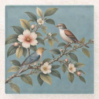 Vintage vogels & bloemen blauwe glazen onderzetter