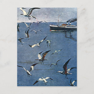 Vintage vogels dieren, meeuwen en vissersboten briefkaart